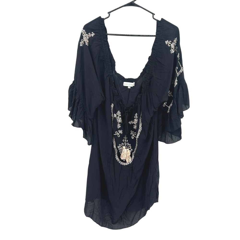 Boho Black Cover Up Dress Embroidered Sheer Tassel Oversized Festival Beach